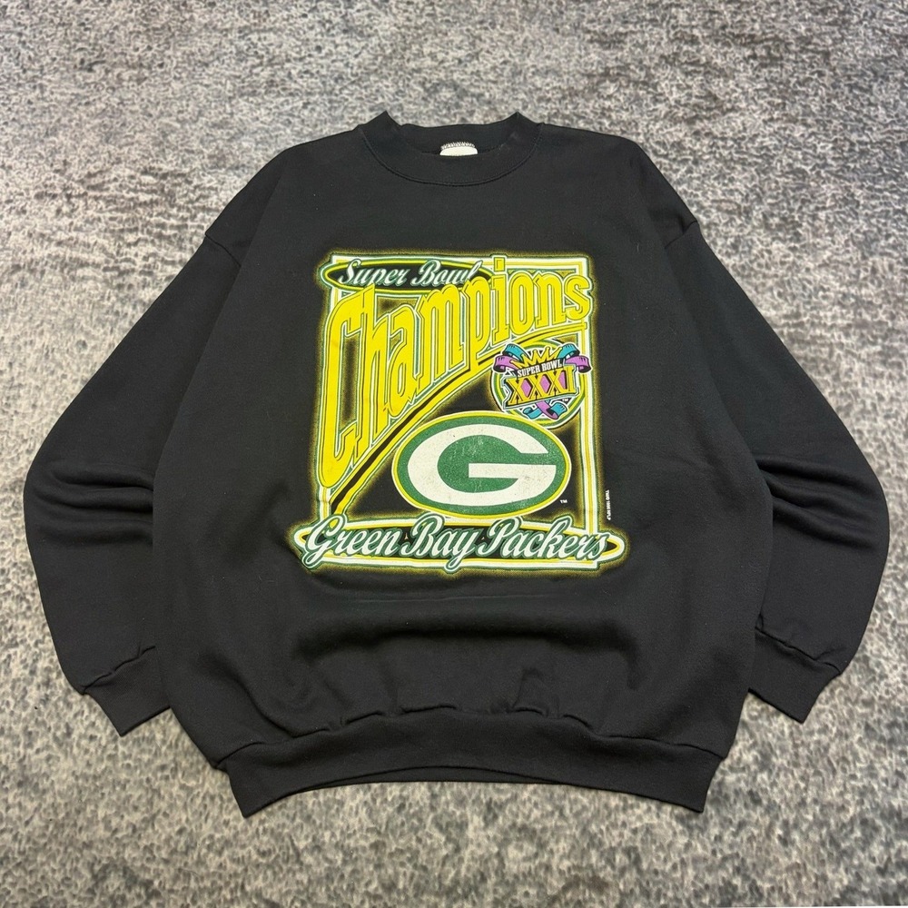 Vintage Green Bay Packers Super Bowl XXXI Crewneck Sweatshirt Tultex XL Black